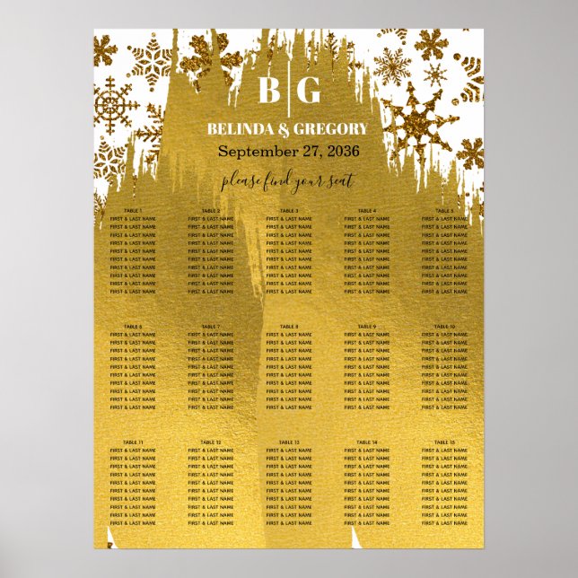 Golden Snowflake Christmas Wedding Seating Chart (Front)