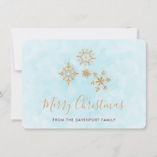 Golden Snowflake Crystals on Frost Merry Christmas Holiday Card
