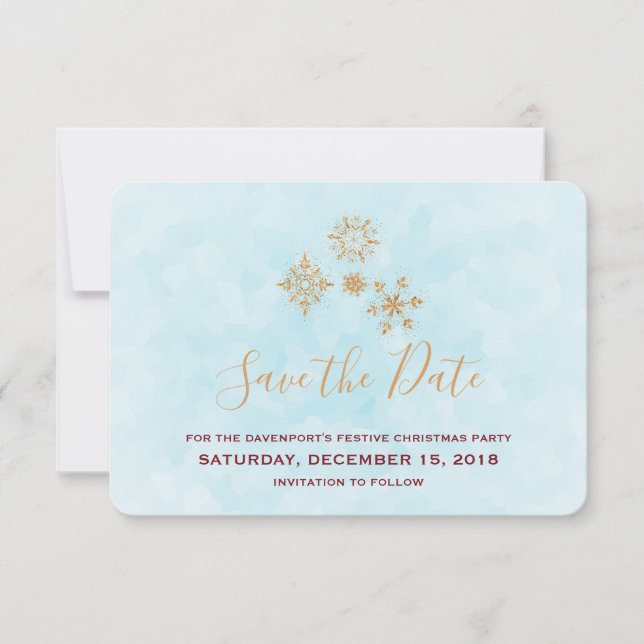 Golden Snowflake Crystals on Frosty Blue Back Invitation (Front)