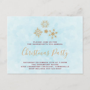 Golden Snowflake Crystals on Frosty Blue Invite Postcard