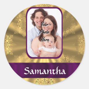 Golden snowflake custom photo classic round sticker
