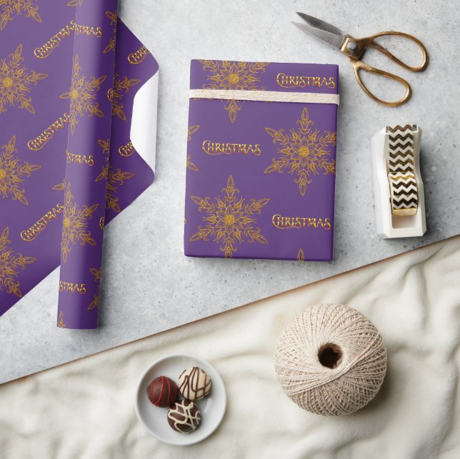 Golden Snowflake Elegance Purple Christmas Wrapping Paper (Crafts)