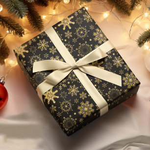 Golden Snowflake On Black Background Christmas Wrapping Paper