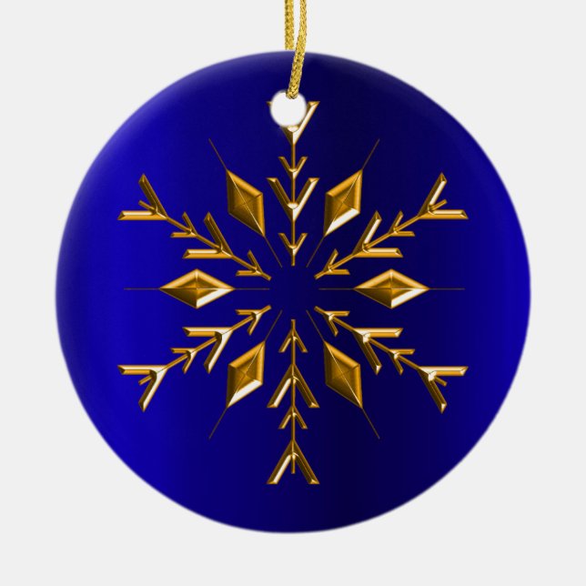 Golden Snowflake on Blue Christmas Ceramic Tree Decoration (Front)