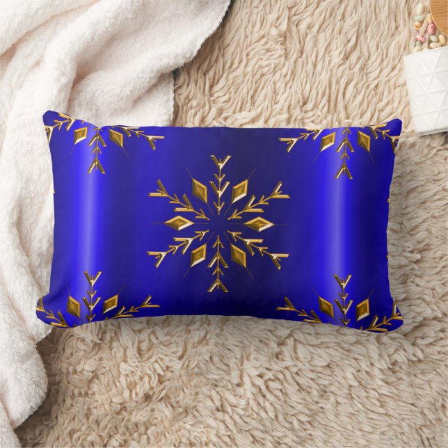 Golden Snowflake on Blue Christmas Lumbar Cushion (Blanket)