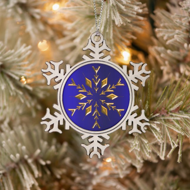 Golden Snowflake on Blue Christmas Snowflake Pewter Christmas Ornament (Tree)