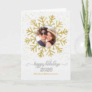 Golden Snowflake on White with Photo Christmas Holiday Card
