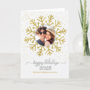 Golden Snowflake on White with Photo Christmas Holiday Card