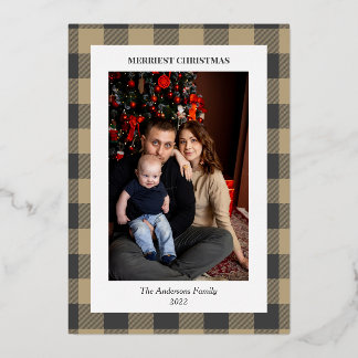 Golden Snowflake Plaid Border Christmas Photo Foil Holiday Card