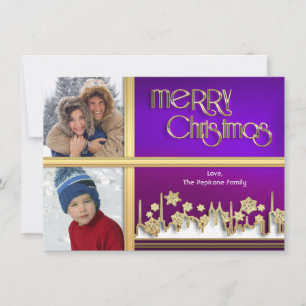 Golden Snowflake Purple Cityscape Photo Xmas Card