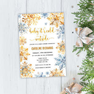 Golden snowflake winter baby shower invitation