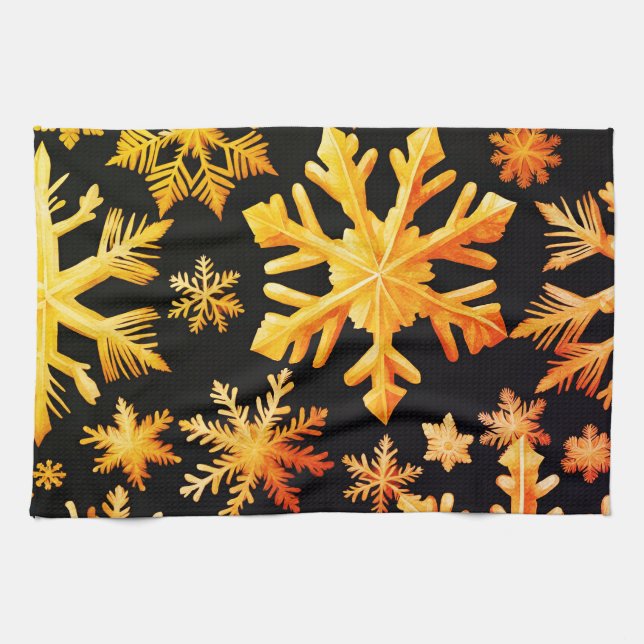 Golden Snowflakes and black background colour Tea Towel (Horizontal)