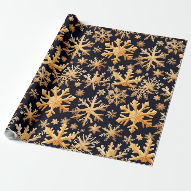 Golden Snowflakes and black background colour Wrapping Paper (Unrolled)
