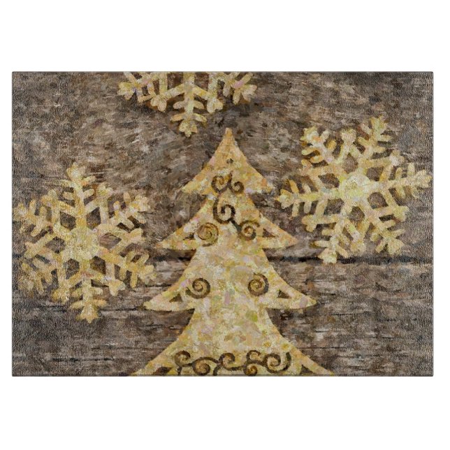 Golden Snowflakes and Christmas Tree Cutting Board (Front)