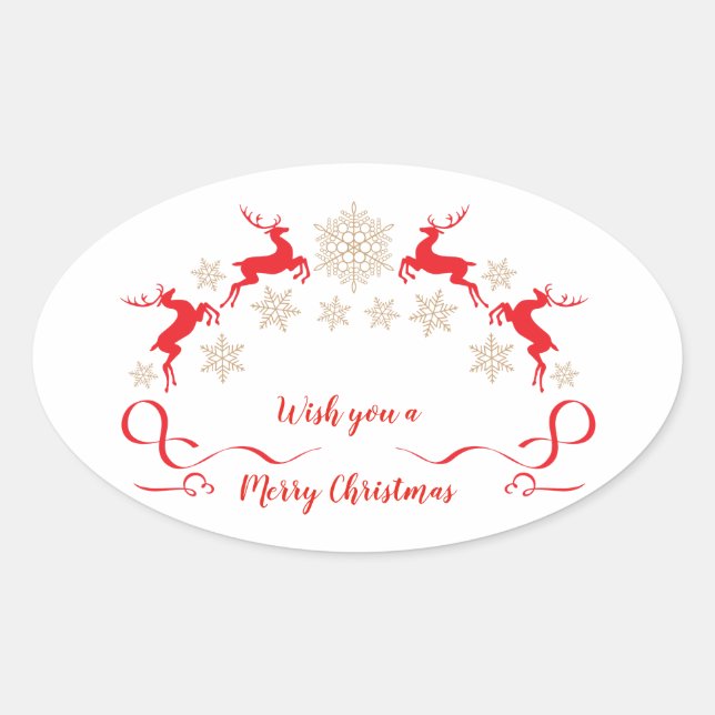 Golden snowflakes and reindeer Christmas Oval Sticker (Front)