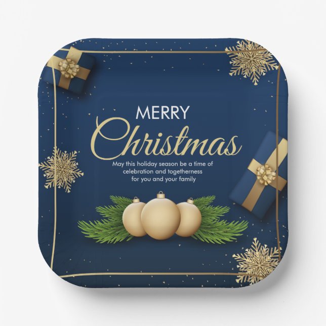 Golden Snowflakes Christmas Card,Merry Christmas Paper Plate (Front)