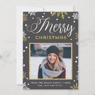 Golden Snowflakes Christmas Newsletter Photo Holiday Card