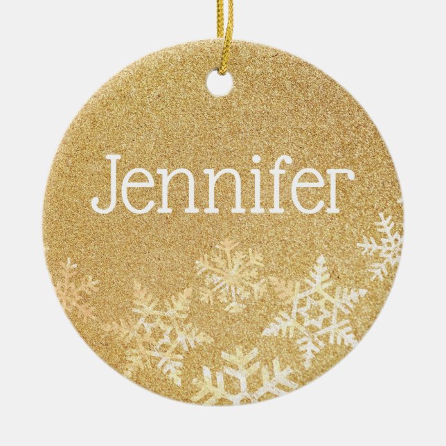 Golden Snowflakes Custom Name Ceramic Tree Decoration (Front)