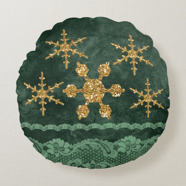 Golden Snowflakes Emerald Green Faux Lace Round Cushion (Front)