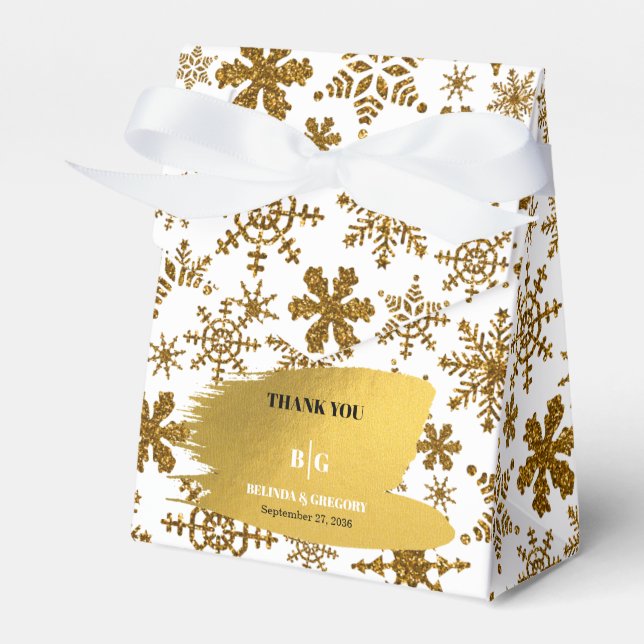 Golden Snowflakes Festive Christmas Wedding Favour Box (Front Side)