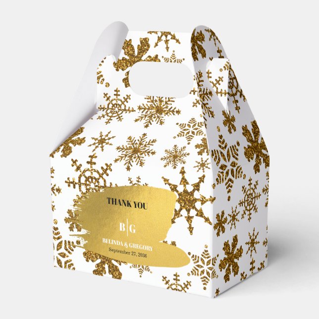 Golden Snowflakes Festive Christmas Wedding Favour Box (Front Side)