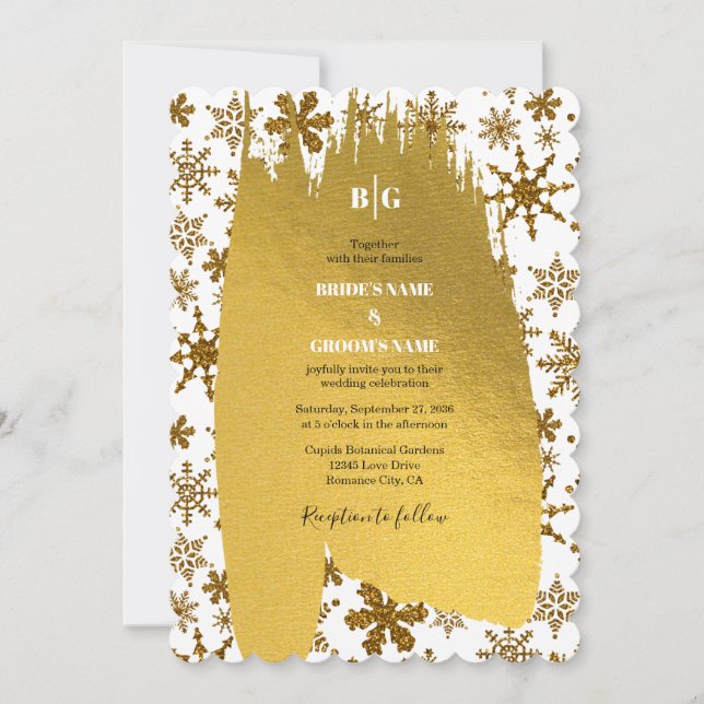 Golden Snowflakes Festive Christmas Wedding Invitation (Front)