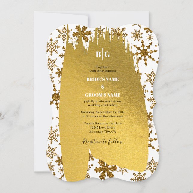 Golden Snowflakes Festive Christmas Wedding Invitation (Front)