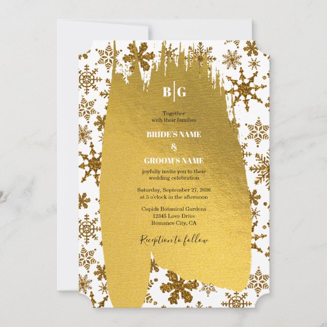 Golden Snowflakes Festive Christmas Wedding Invitation (Front)