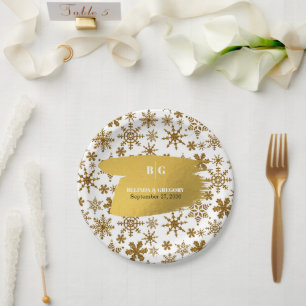 Golden Snowflakes Festive Christmas Wedding Paper Plate