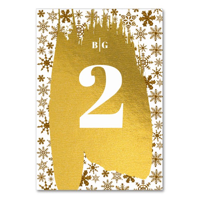 Golden Snowflakes Festive Christmas Wedding Table Number (Front)