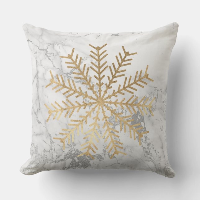 Golden Snowflakes Gray Silver White Marble Cushion (Front)