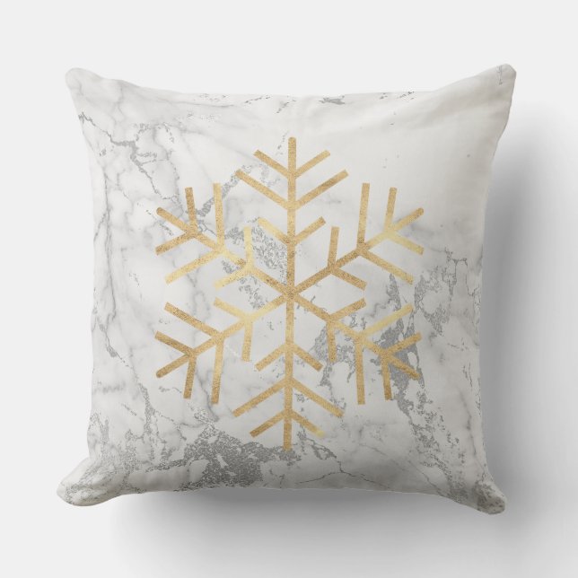 Golden Snowflakes Gray Silver White Marble Cushion (Front)