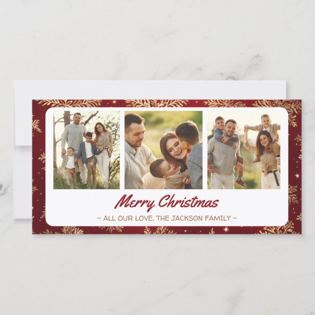 Golden Snowflakes Merry Christmas 3 Photo Collage Holiday Card (Front)