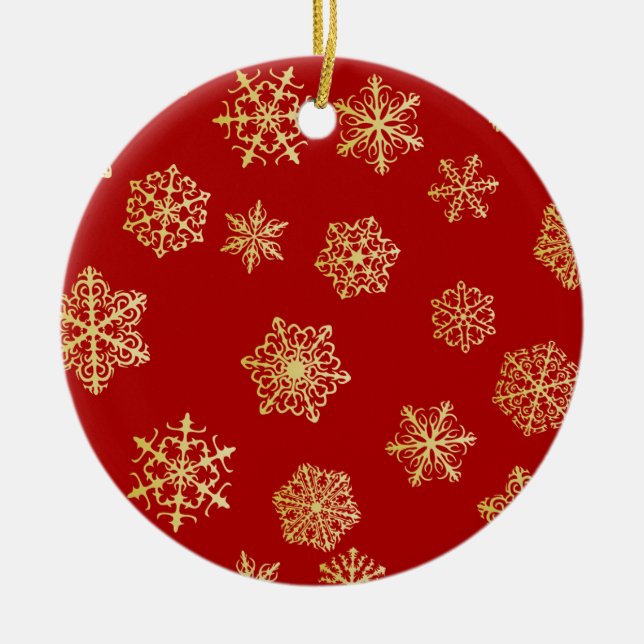 Golden snowflakes on a red background ceramic tree decoration (Front)