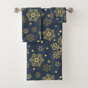 Golden snowflakes on navy bath towel set