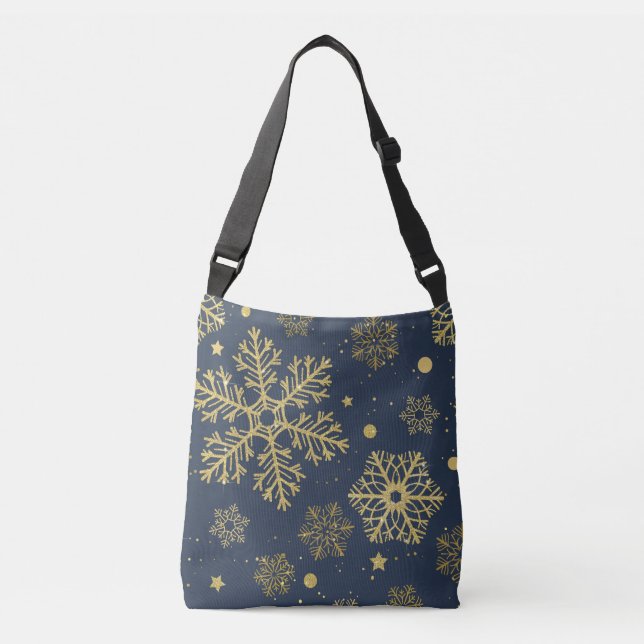 Golden snowflakes on navy crossbody bag (Front)