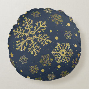 Golden snowflakes on navy round cushion