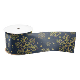 Golden snowflakes on navy satin ribbon