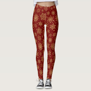 Golden Snowflakes on Red - Classic Christmas Leggings