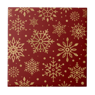Golden Snowflakes on Red - Classic Christmas Tile