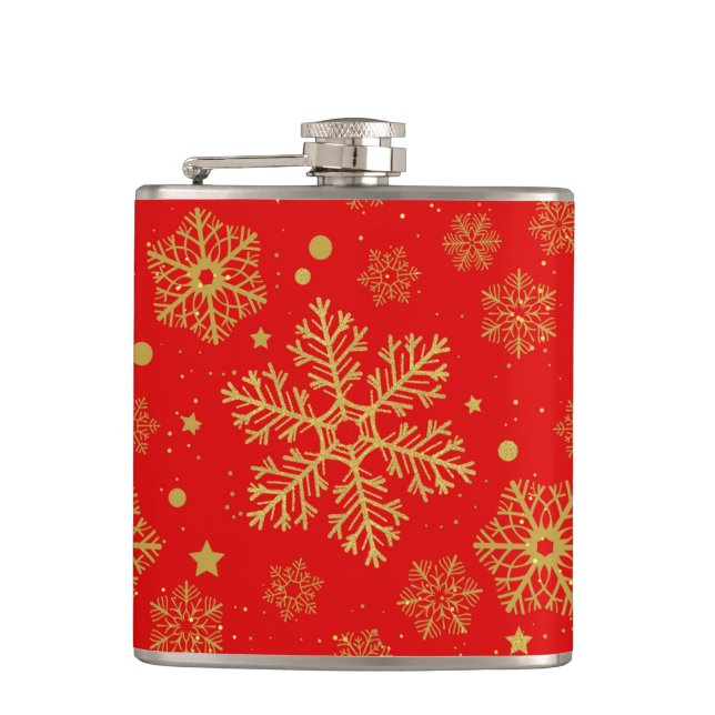 Golden snowflakes on red hip flask (Front)