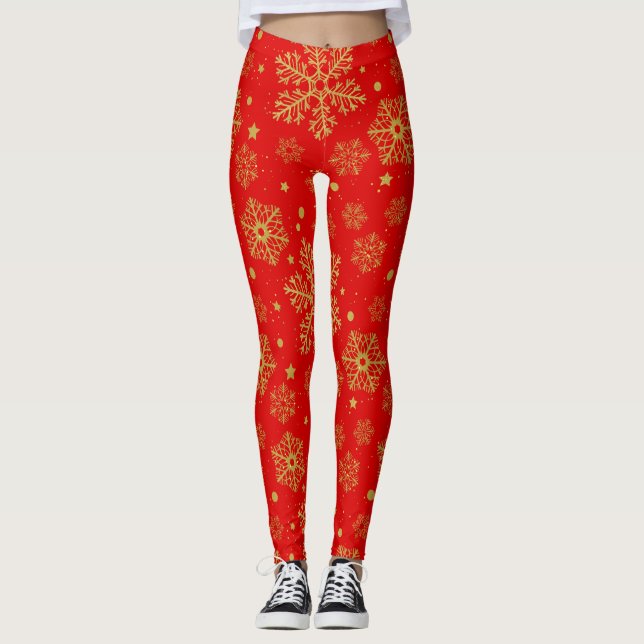 Golden snowflakes on red leggings (Front)