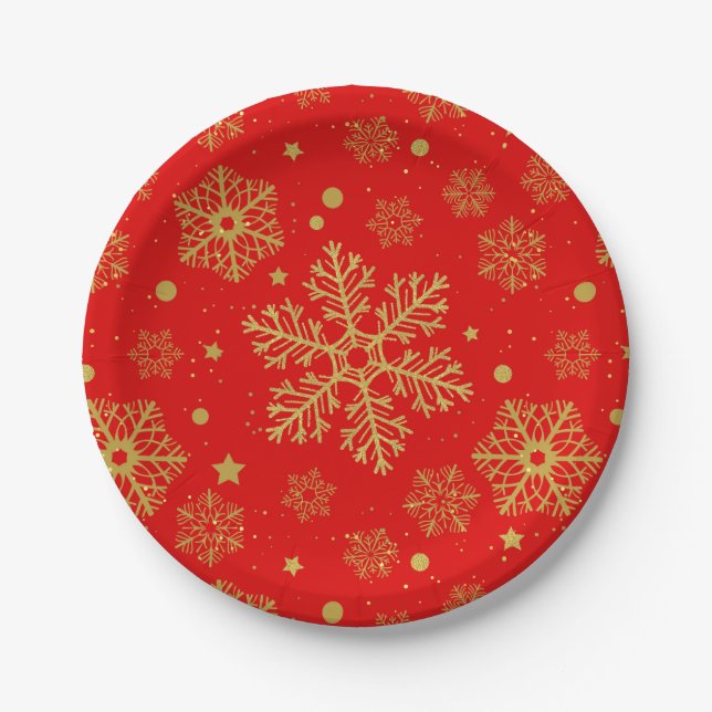Golden snowflakes on red paper plate (Front)