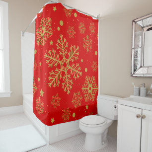 Golden snowflakes on red shower curtain