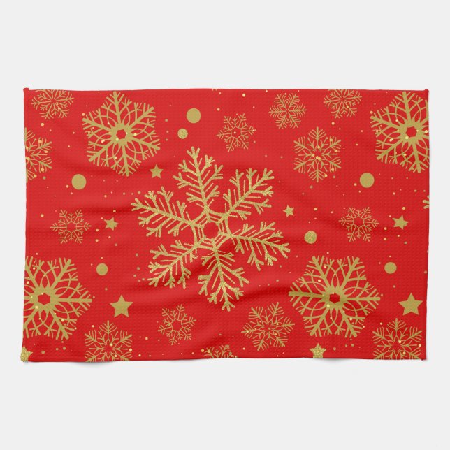 Golden snowflakes on red tea towel (Horizontal)