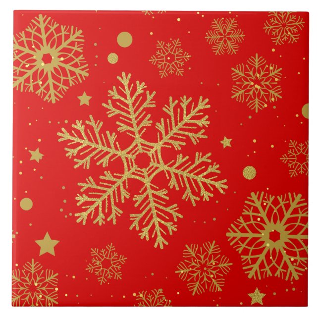 Golden snowflakes on red tile (Front)