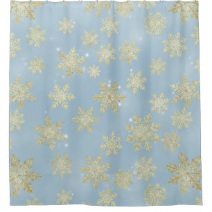 Golden Snowflakes on Sky Blue – Elegant Winter Shower Curtain