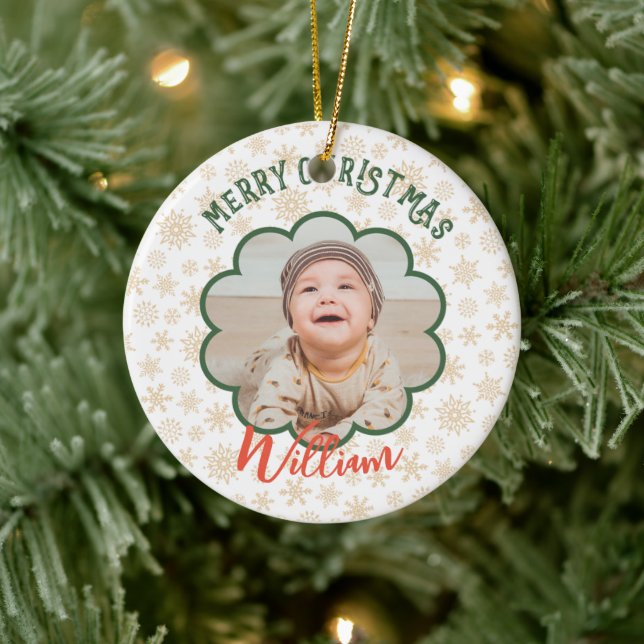 Golden Snowflakes Photo Christmas Name  Ceramic Tree Decoration (Tree)