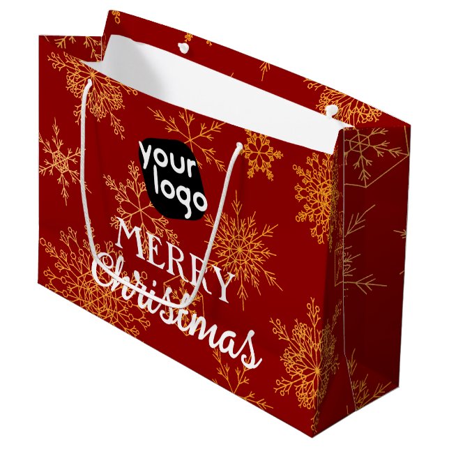  Golden Snowflakes Red Merry Christmas Custom Logo Large Gift Bag (Front Angled)