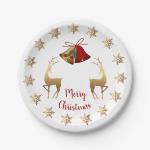 Golden snowflakes, reindeer, bells Christmas Paper Plate
